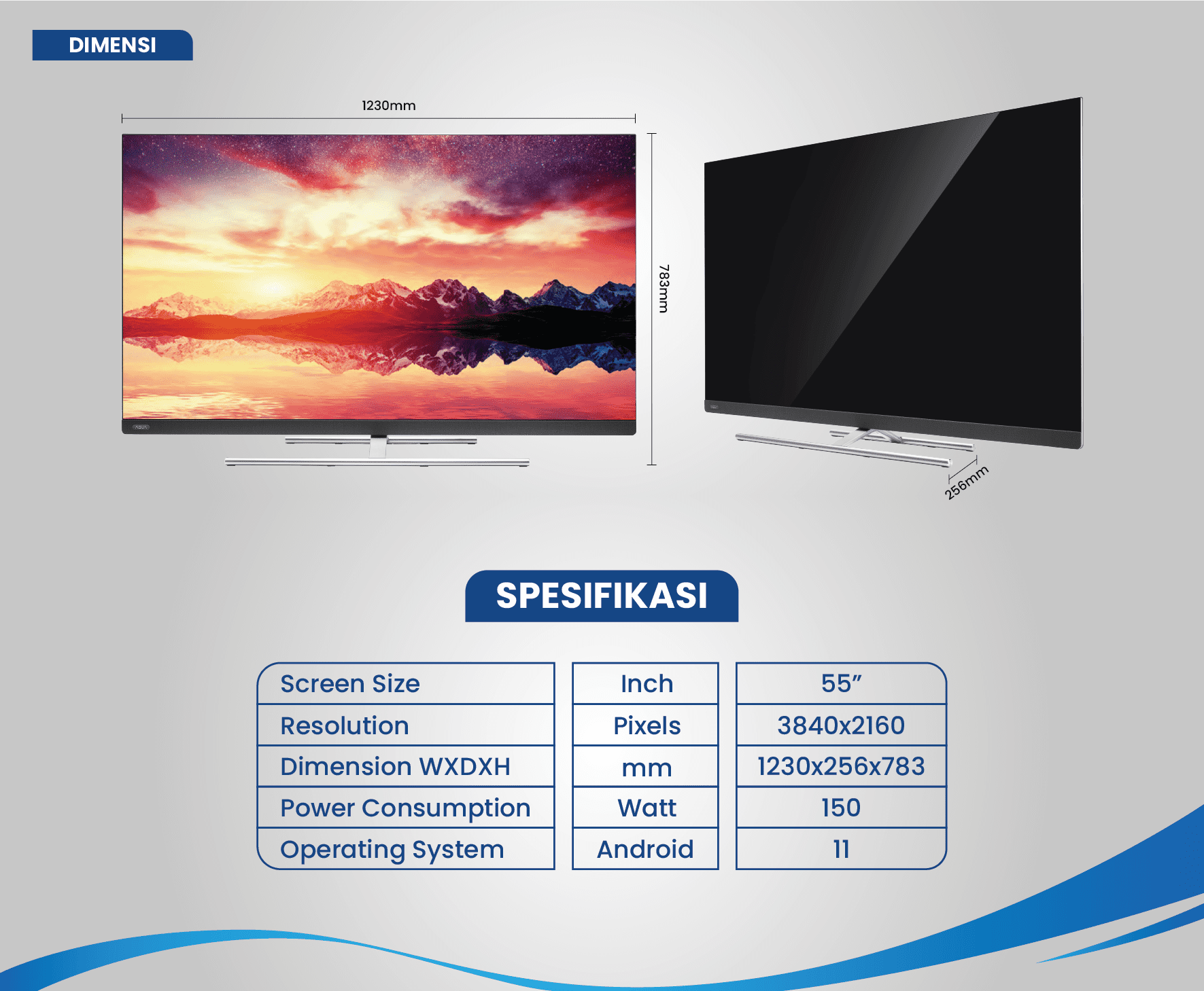 DIMENSI TV AQUA Elektronik LE55AQT7000QU PRO